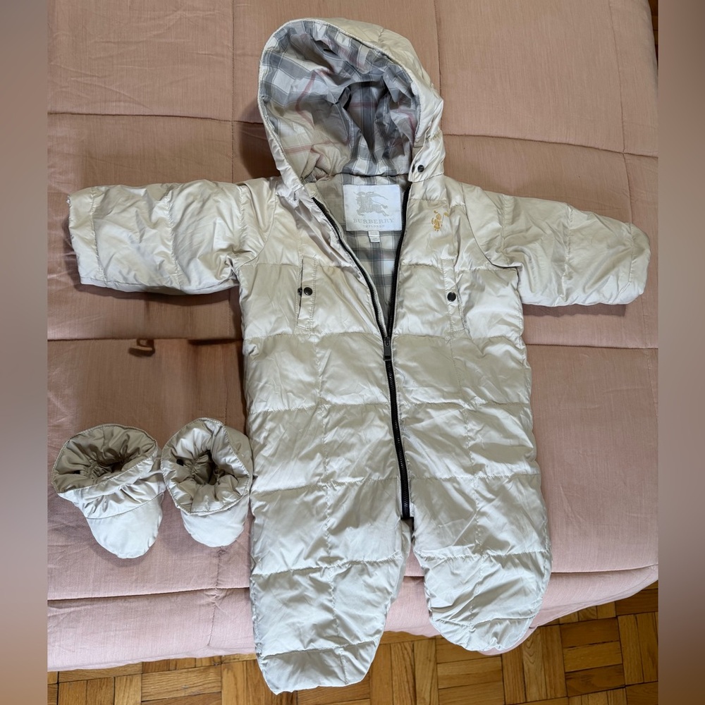 Burberry Cream Quilted Infant One-Piece Snowsuit with Hood